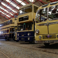 Oude bussen in het Aston Manor Transport Museum